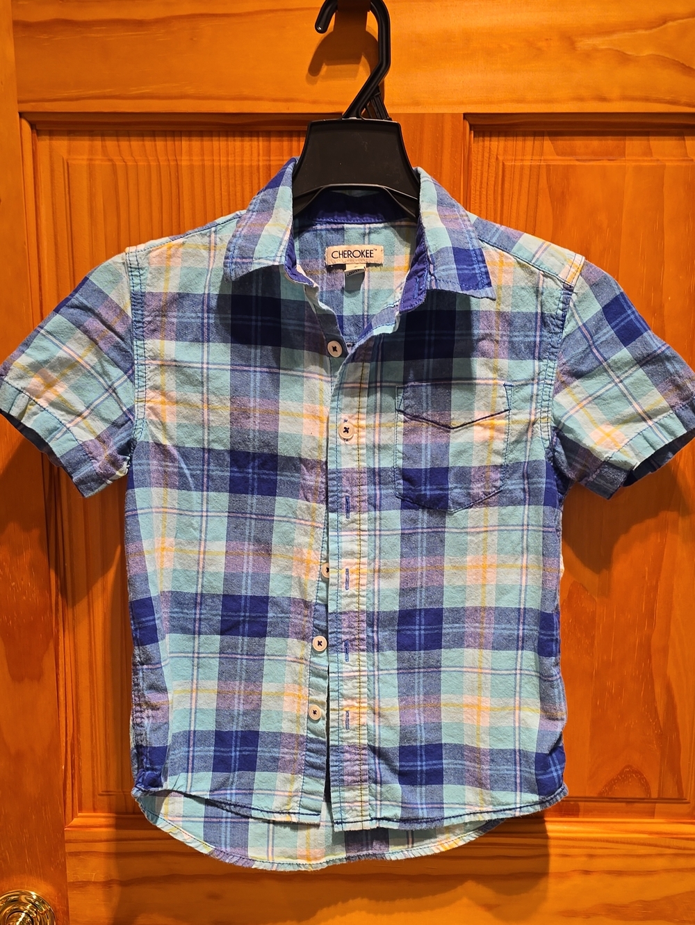 Cherokee Short-Sleeve Plaid Button-Down Shirt in Blue and Aqua  Boys Size6/7
